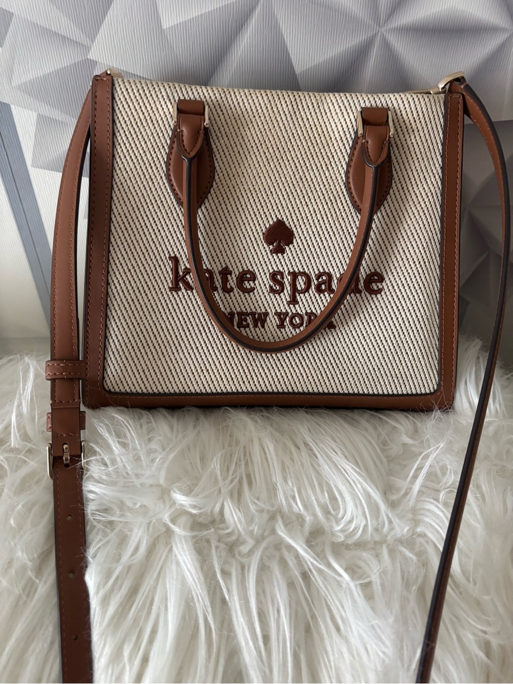 kate spade Cream Canvas Satchel with Brown Leather Trim